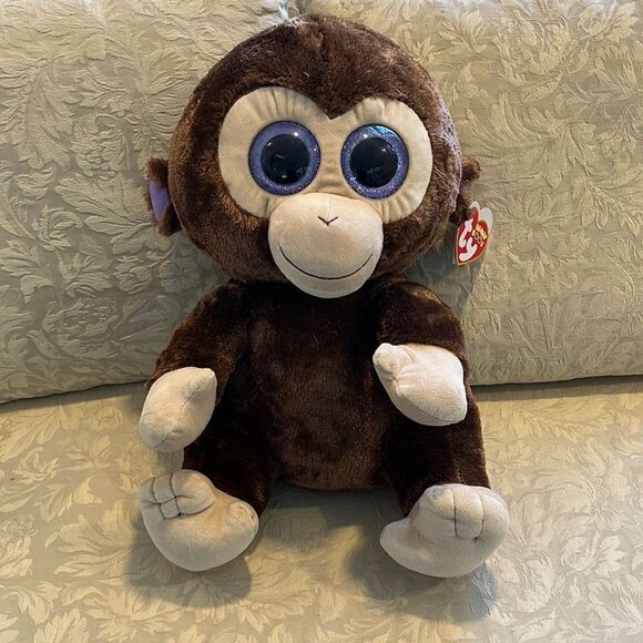 2014 -Ty Beanie Boos Plush -16” XL Coconut Monkey Purple Glitter Eyes - Picture 1 of 10